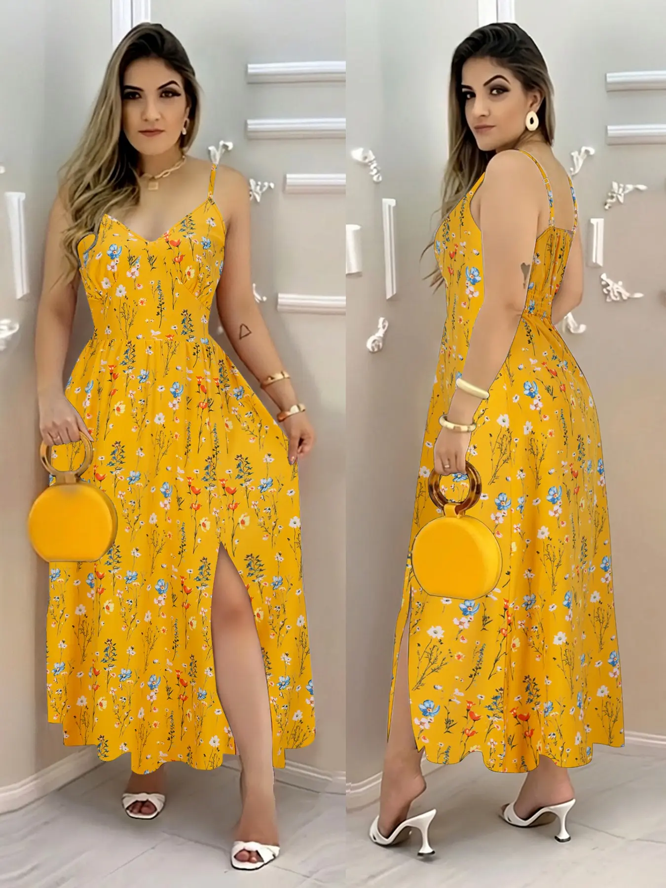Boho V-Neck Print Dress for Women, Sleeveless Waist-Tied Split Design, Summer Fashion Long Dress, Perfect for Parties and Vacations