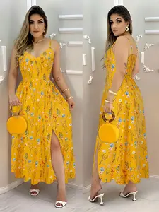 Boho V-Neck Print Dress for Women, Sleeveless Waist-Tied Split Design, Summer Fashion Long Dress, Perfect for Parties and Vacations