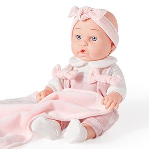 12'' Baby Doll in Gift Box with Pink Cloths, Pacifier, 13''x13'' Microfabric Blanket, and Feeding Bottle. Gift Idea for Ages 3+