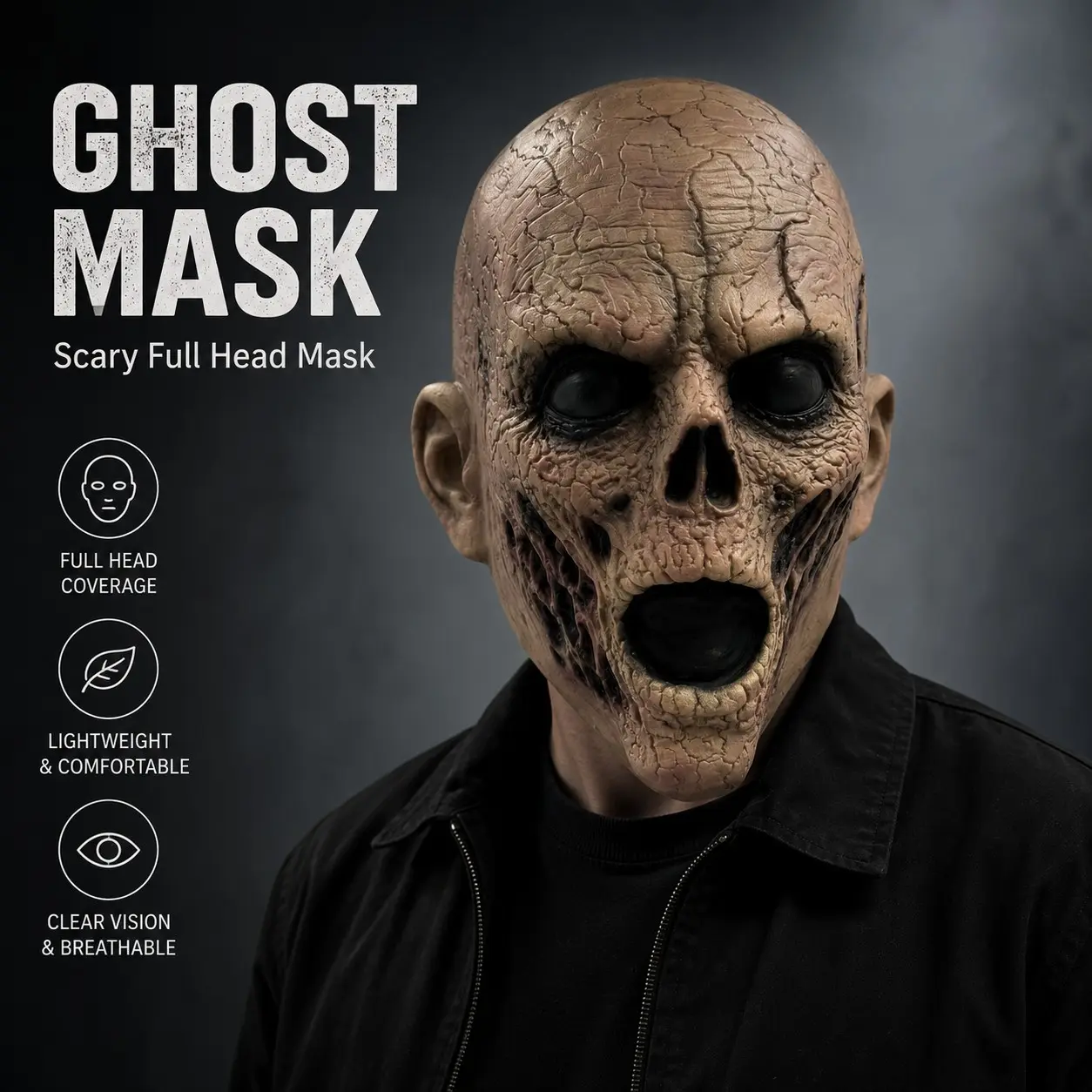 Realistic Horror Skull Latex Mask, Lightweight Full Head Scary Zombie Ghost Mask, Halloween Cosplay Party Costume Prop, Perfect for Thrill Seekers