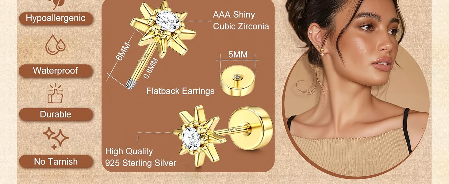 ZELORES 3 Pairs Gold Plated Flat Back Earrings for Women Silver Post Tragus Cartilage Earring Set for Multiple Piercing Trendy Flatback Stud Earrings minimalist elegant fashion Earcuff