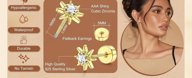 ZELORES 3 Pairs Gold Plated Flat Back Earrings for Women Silver Post Tragus Cartilage Earring Set for Multiple Piercing Trendy Flatback Stud Earrings minimalist elegant fashion Earcuff