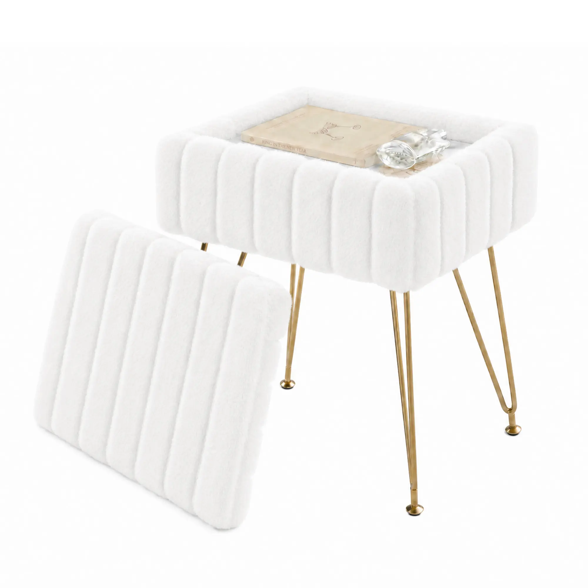 Faux Rabbit Fur/Teddy Fleece Vanity Stool with Storage – Soft Padded Vanity Chair with Metal Legs, Non-Slip Feet, Furry Foot Rest for Bedroom, Living Room, Makeup Area, 15.7 x 11.8 x 19.4 in