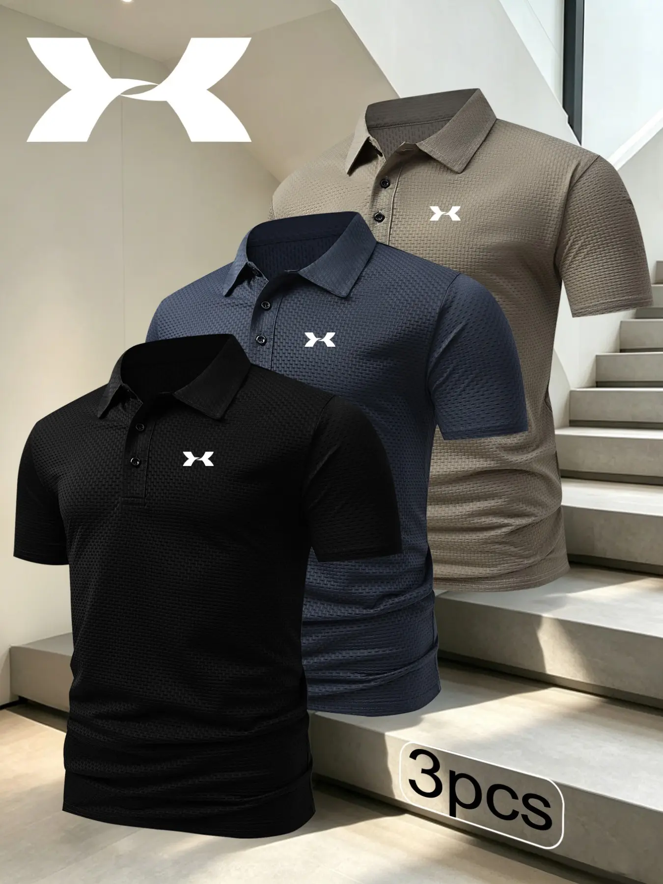 Men's Casual Fitted Polo Shirt, Geometric Pattern, Breathable & Comfortable, All Seasons Wear, High-Quality Material, 3-Pack Set