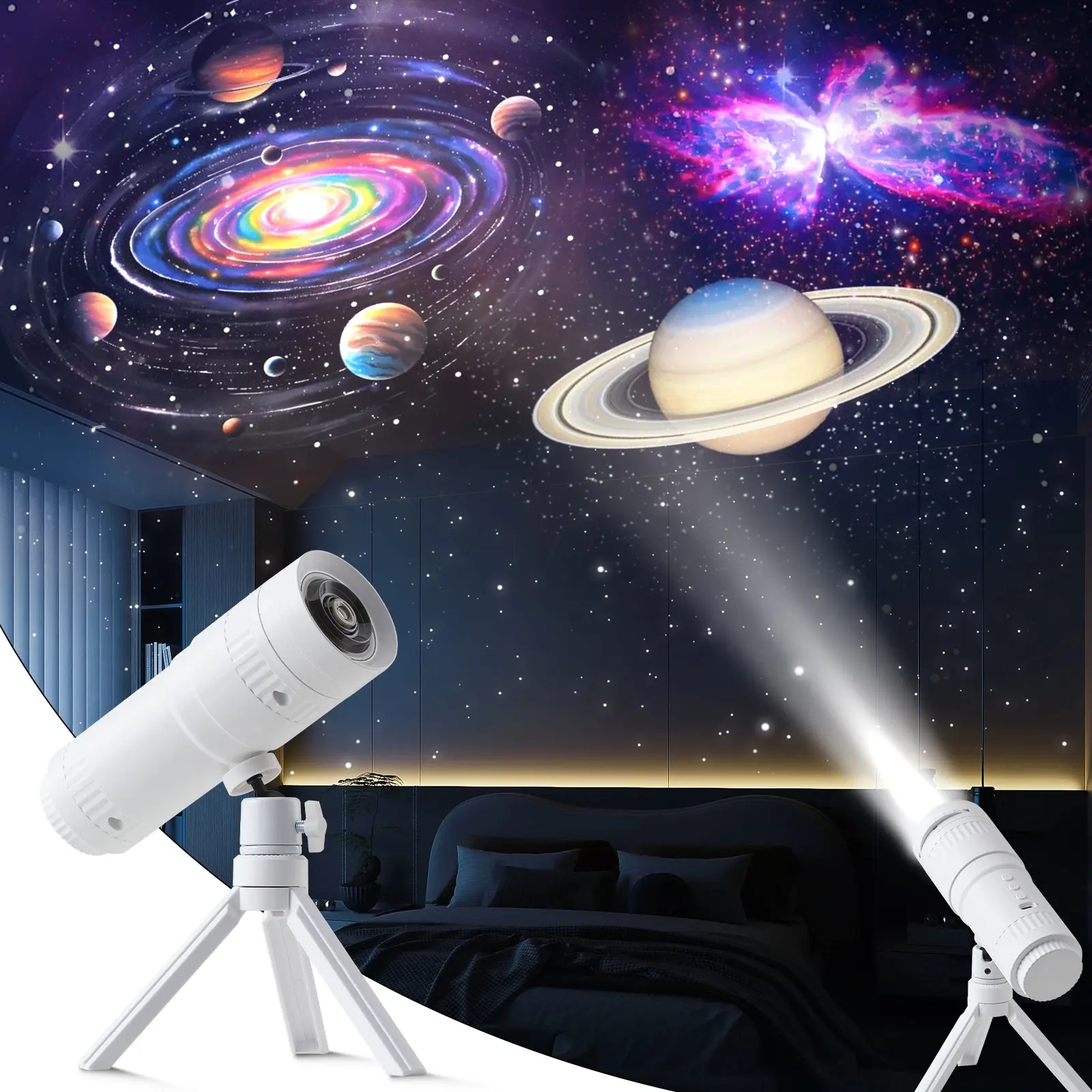 360° Rotating Starry Night Projector Lamp, Rechargeable Galaxy Light with 16 HD Patterns, Tripod Included, Bedroom Ambiance Nightlight Gift