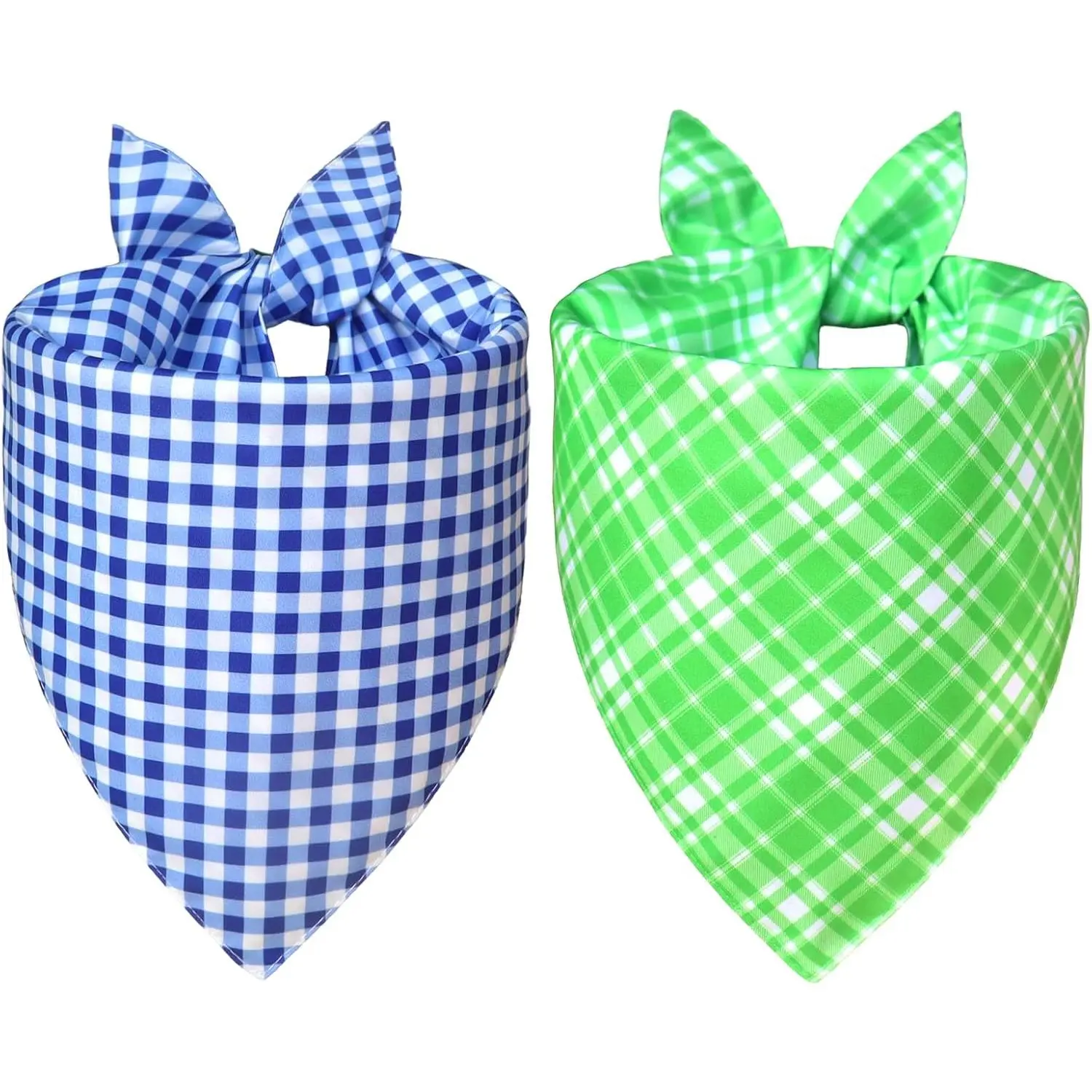 Summer   Bandanas, 2 Pack Reversible Scarf for Large Dogs | Fits 18-23"  (XL), Blue & Green Gingham/Stripe, 4 Looks Tie- Scarf, Machine Washable, Party Outfit, Boy/Girl Puppy