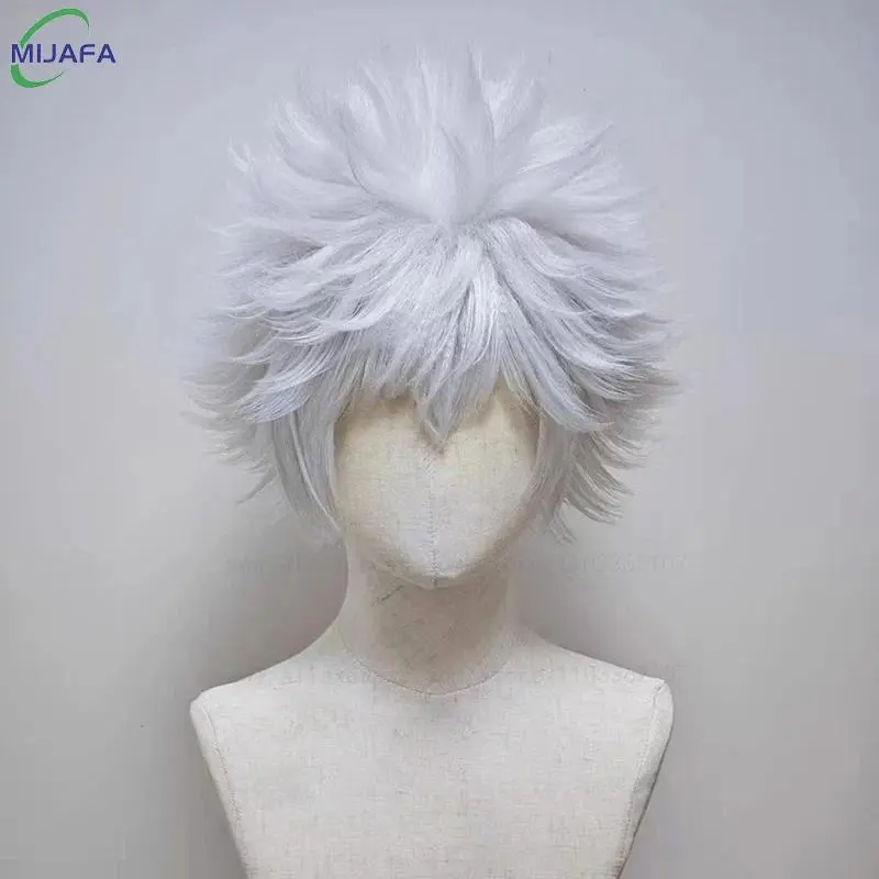High Quality Anime Hunter Killua Zoldyck Cosplay Wig 30cm Short Silver White Heat Resistant Synthetic Hair Party Wigs + Wig Cap