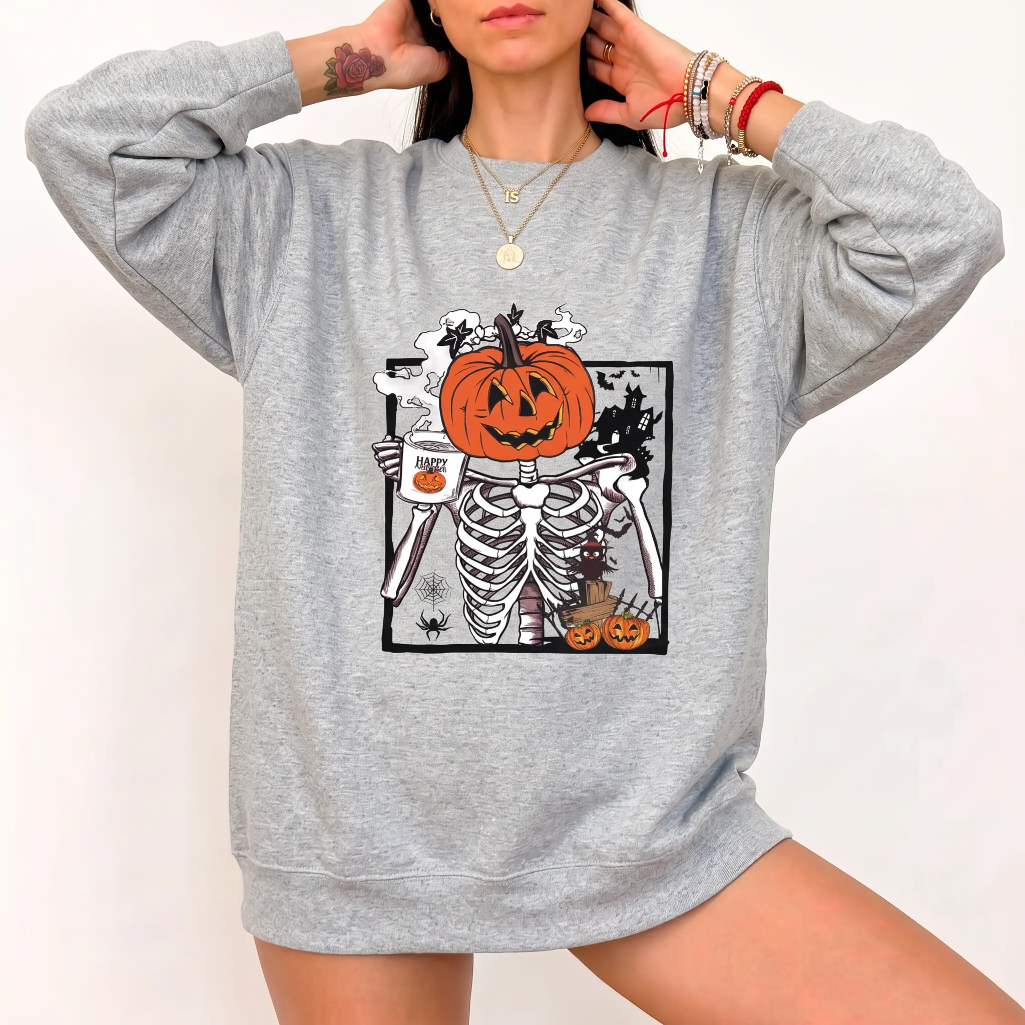 Pumpkin Skeleton Drinking Coffee Halloween Crewneck Sweatshirt Pullover