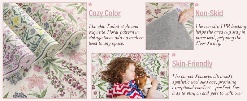 Amearea 8x10 Area Faux Cashmere Rugs for Living Room, Washable Area Rugs 8 x 10 Pink Floral Rug, Vintage Low Pile Cute Room Print Carpet, Non Slip Office Nursery Bedroom Dining Room Farmhouse Decor