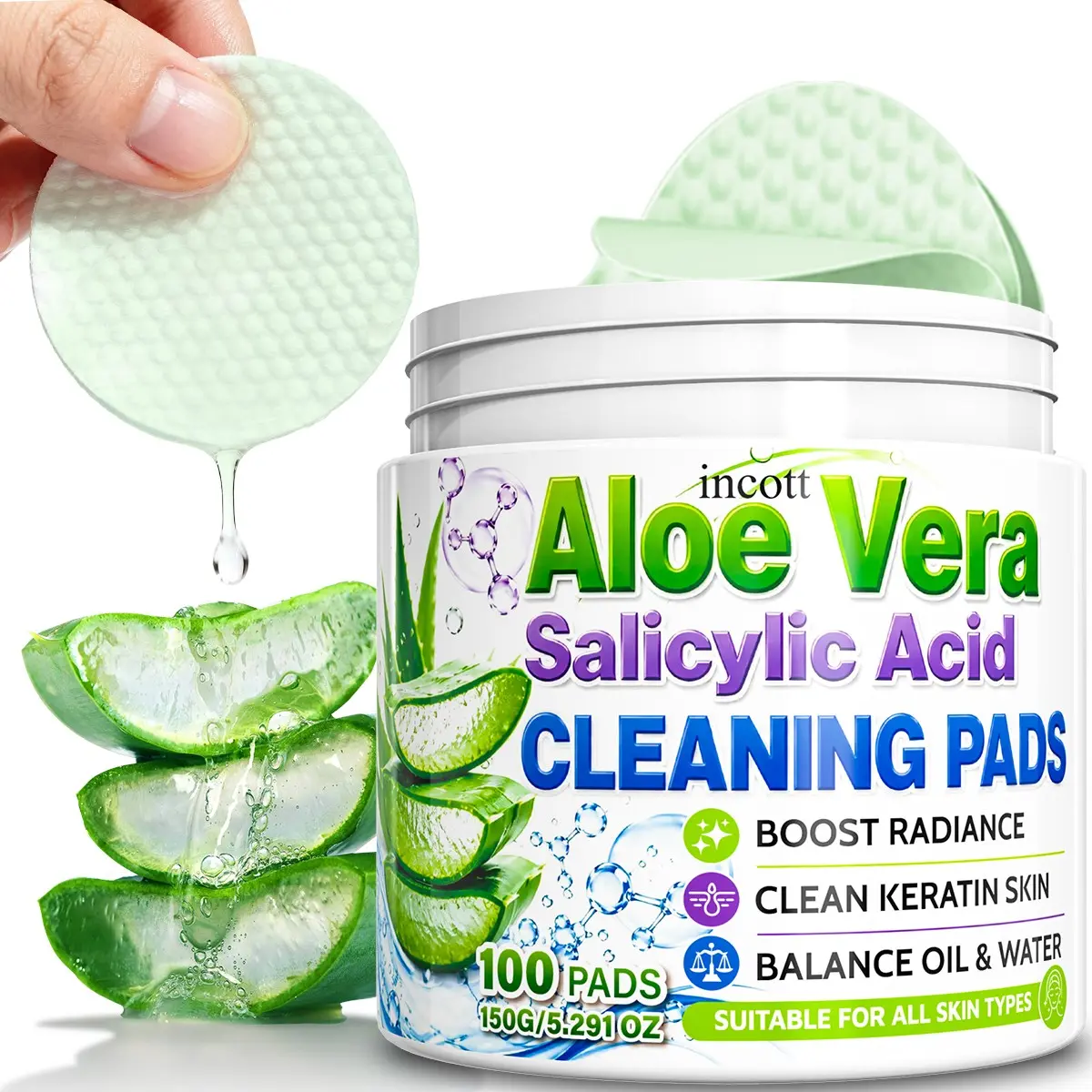 Face Cleansing Pads, Skin Care Pads, Facial Cleansing Wipes, Salicylic Acid Face Wipes, Clean Skin, Balance Water & Oil, Moisturize, Unclog Pores, Exfoliate Dead Skin, Gentle For Daily Use. 100 Pads – Your All-In-One Toner Pad