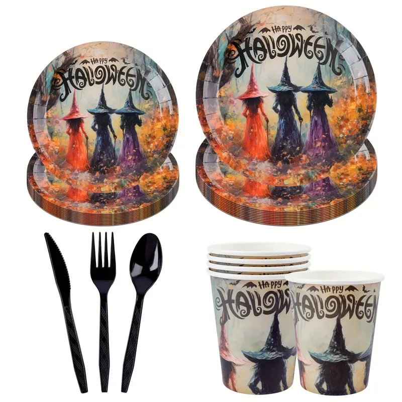 Festive Halloween Pattern Disposable Tableware Set 60Pcs – Plates Cups Cutlery Napkins for Spooky Season Party, Summerween Dinner, Haunted House Decor, Eco-Friendly Paper Supplies