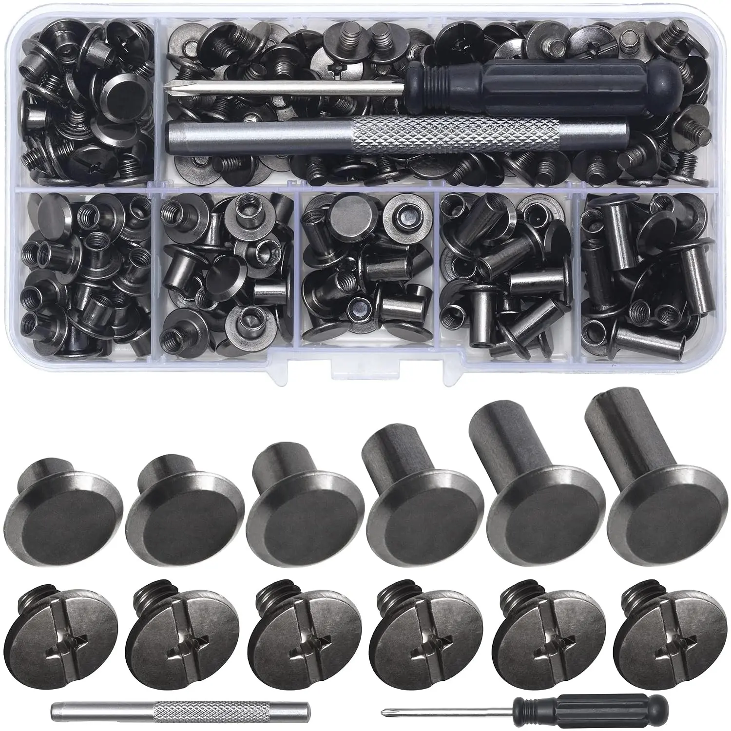 110 Sets Assorted Chicago Screws & Leather Rivets for Leather Craft Decoration and Repair - Belts, Bags, Shoes, Purses, Bookbinding (Gunmetal Black, M5*4,5,6,8,10,12)