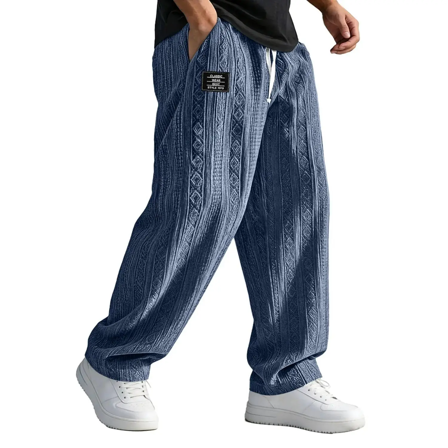 1/2 Pack Knitted Jacquard Waist‑tie Long Trousers For Spring‑summer Outfits, stylish Baggy Wide Leg Sweatpants to coordinate with varied upper‑layer attires and casual bottoms