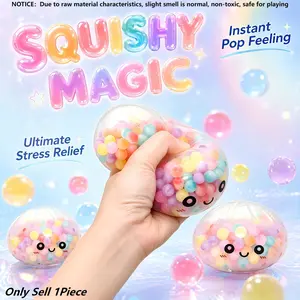 Kawaii Clear Bead-Filled Dumpling Squishy Fidget Toy, Soft Transparent Stretch Squeeze Ball with Pastel Multicolor Inner Beads, Cute Smiley Face Stress Relief Sensory Toy, Anxiety Calming Gift for Kids & Adults, Great for Prank, Desktop Decor