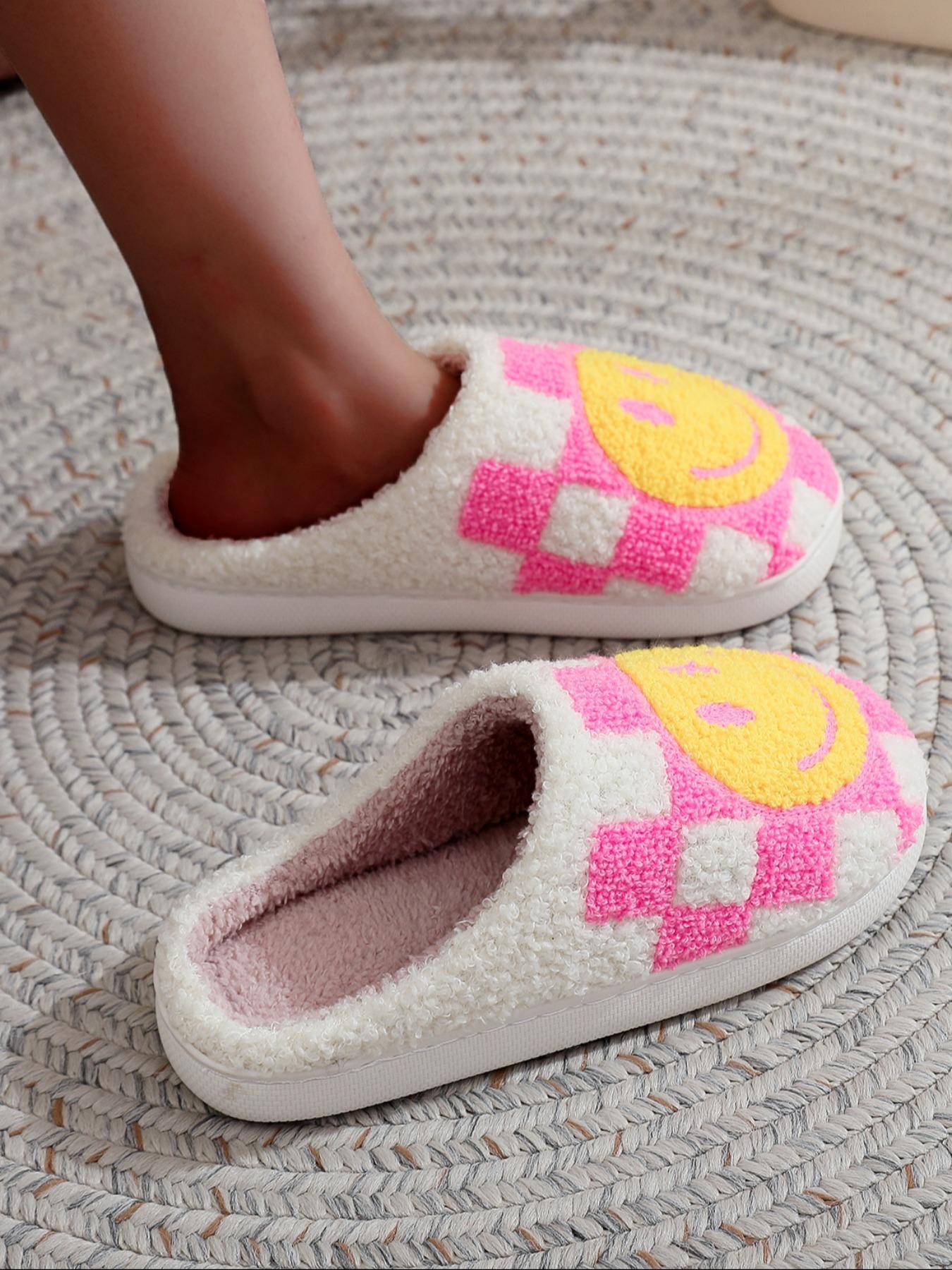 Colorblock Plaid & Smile Face Pattern Plush Slippers, Fashionable Home Slippers for Indoor Outdoor Wear, Fluffy Fall & Winter House Shoes for Women, Unique Gifts for Women, Footwear