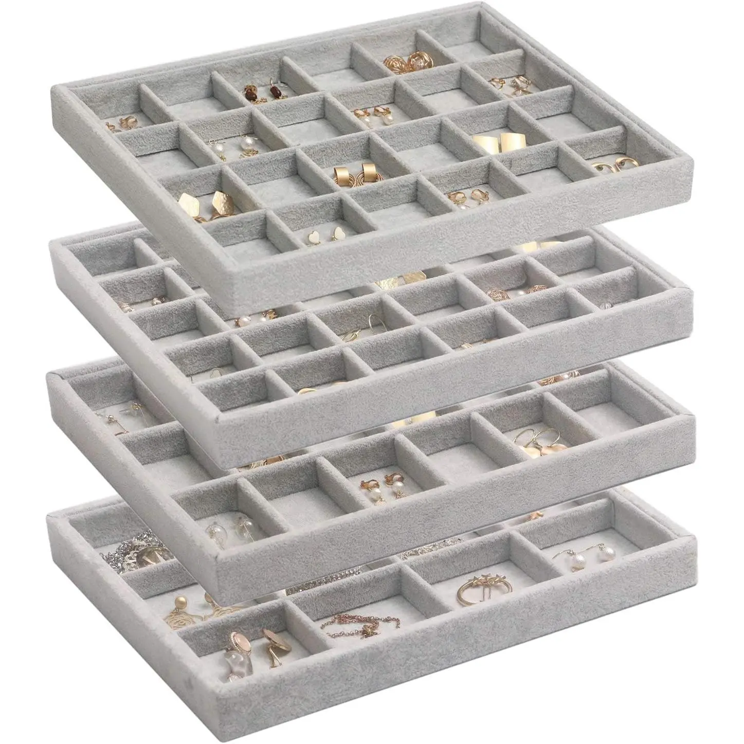 Set of 4 Stackable   Trays Organizer,  Display Storage Box  Holder Dresser Drawer Organizer for Earring Necklace Bracelet Ring Accessary, Grey