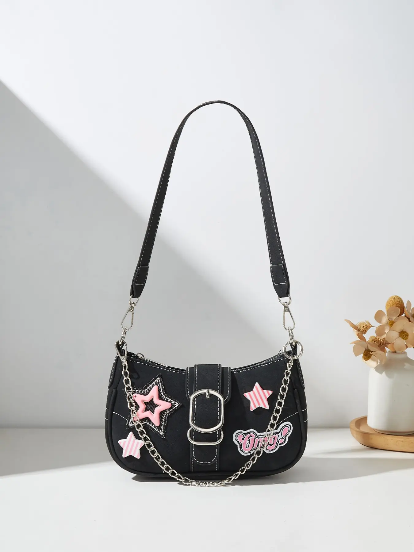 Women's Y2K Star Patch Hobo Bag with Chain Detail & Buckle Strap Chic Chain Crossbody Shoulder Purse