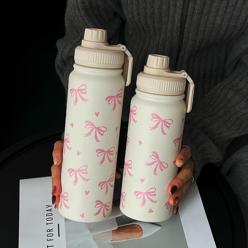 Bow Pattern Stainless Steel Vacuum Flask, 1 Count Portable Large Capacity Water Bottle, Summer Cool Bottle Drinking Cup for Home Office Outdoor Sports, Drinkware, Vacuum Insulated Flask, Stainless Steel Tumbler