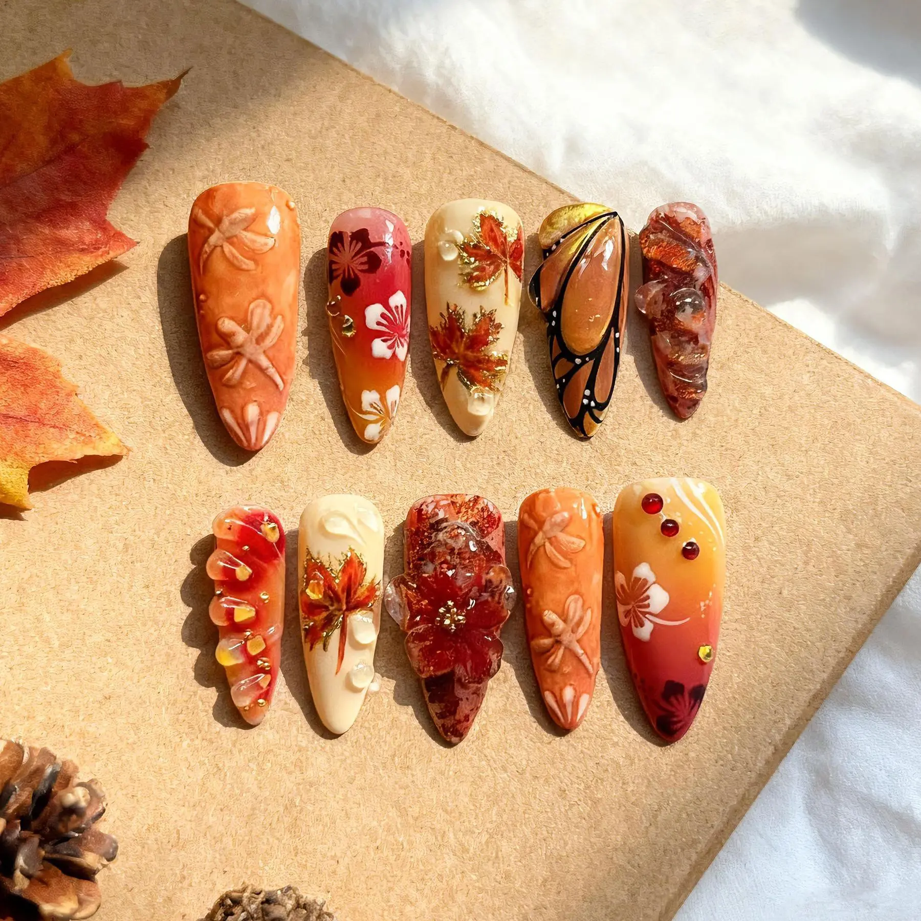 30 Pieces Long Fall Almond Gold Foil Press On Nails Epoxy 3D Dragonfly Flower Maple Leaf Hand Placed Rhinestone Fake Nails Fall Aesthetic Back To School Essentials Reusable False Nails