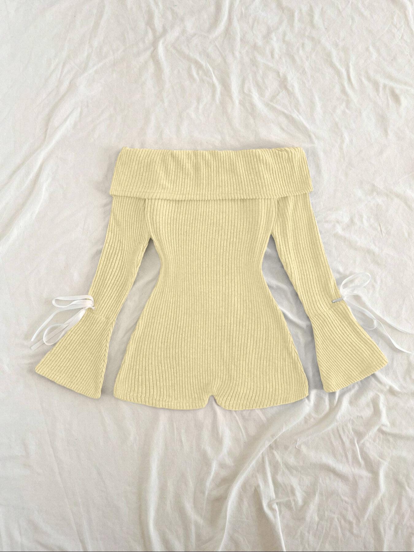 Women's Solid Ribbed Off Shoulder Flounce Sleeve Romper, Casual Fashion Cozy Romper for Daily Outdoor Wear, Women's Clothes for Spring & Fall, Casual Comfy Jumpsuit