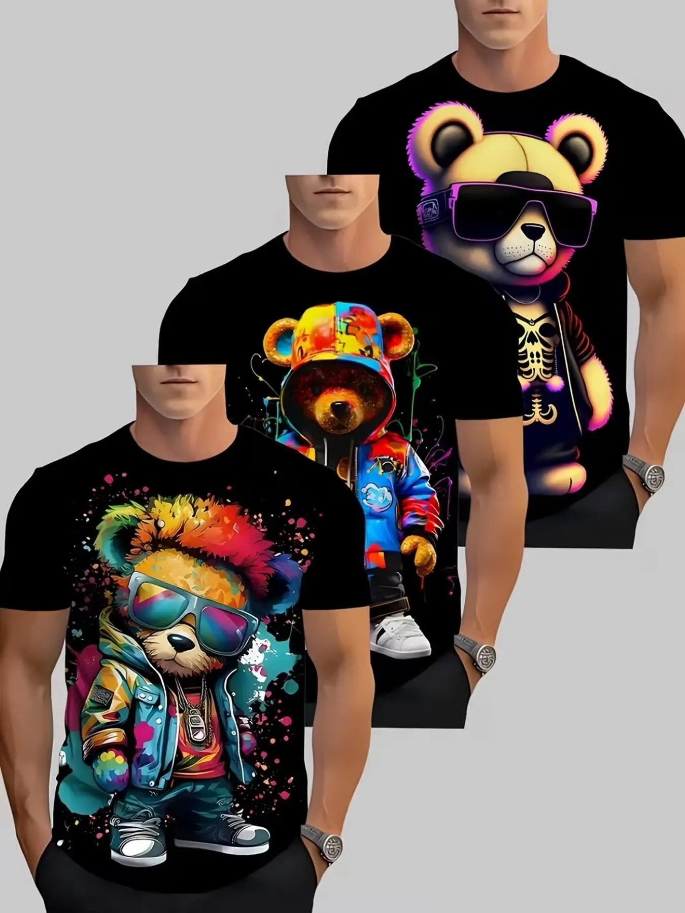 Men's 3-Pack Casual Short Sleeve Tees, All over Bear Print, Round Neck, Breathable Summer Clothing, Street Style, High Stretch