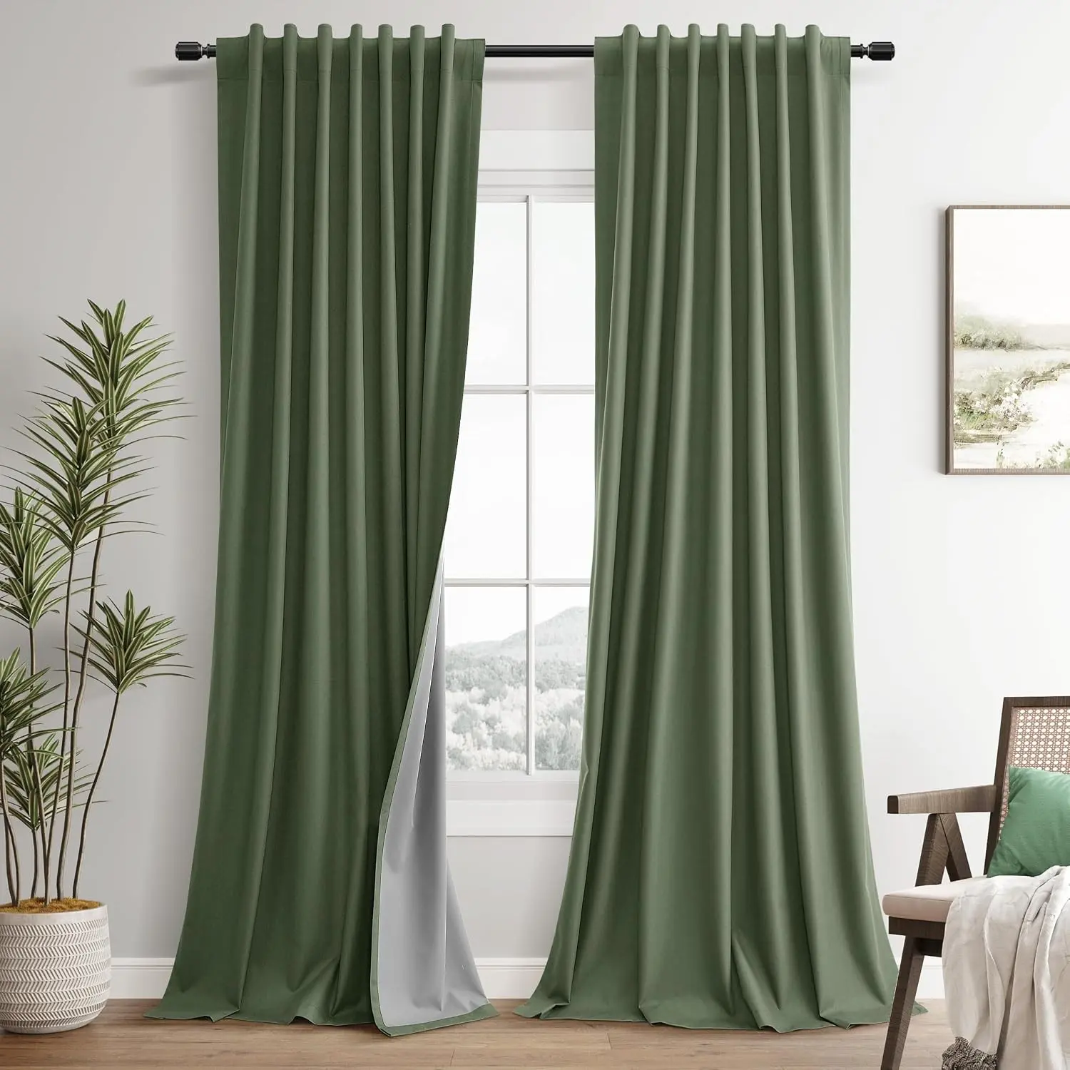 100% Blackout Olive Green Linen Curtains 84 Inch Length for Bedroom, Thermal Insulated Room Darkening Window Drapes for Living Room Nursery, 2 Panels Set 52x84 (7ft)Gift