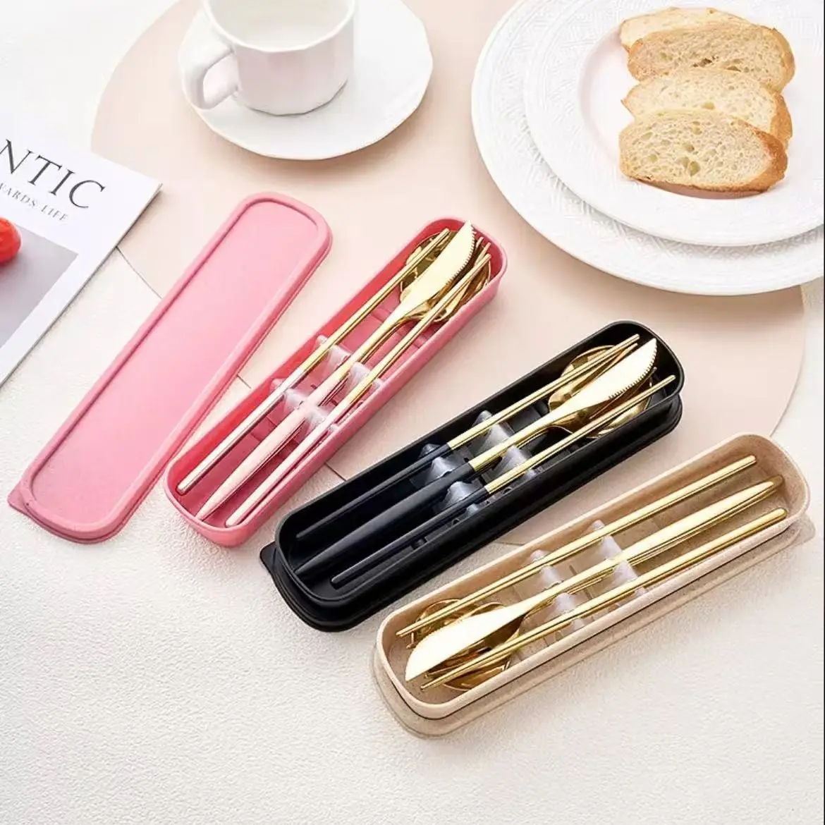 4-Piece Portable Lightweight Stainless Steel Cutlery Set, Reusable Travel Utensils, Fork Spoon Chopsticks Kit, Camping Picnic Office Lunchware with Storage Box