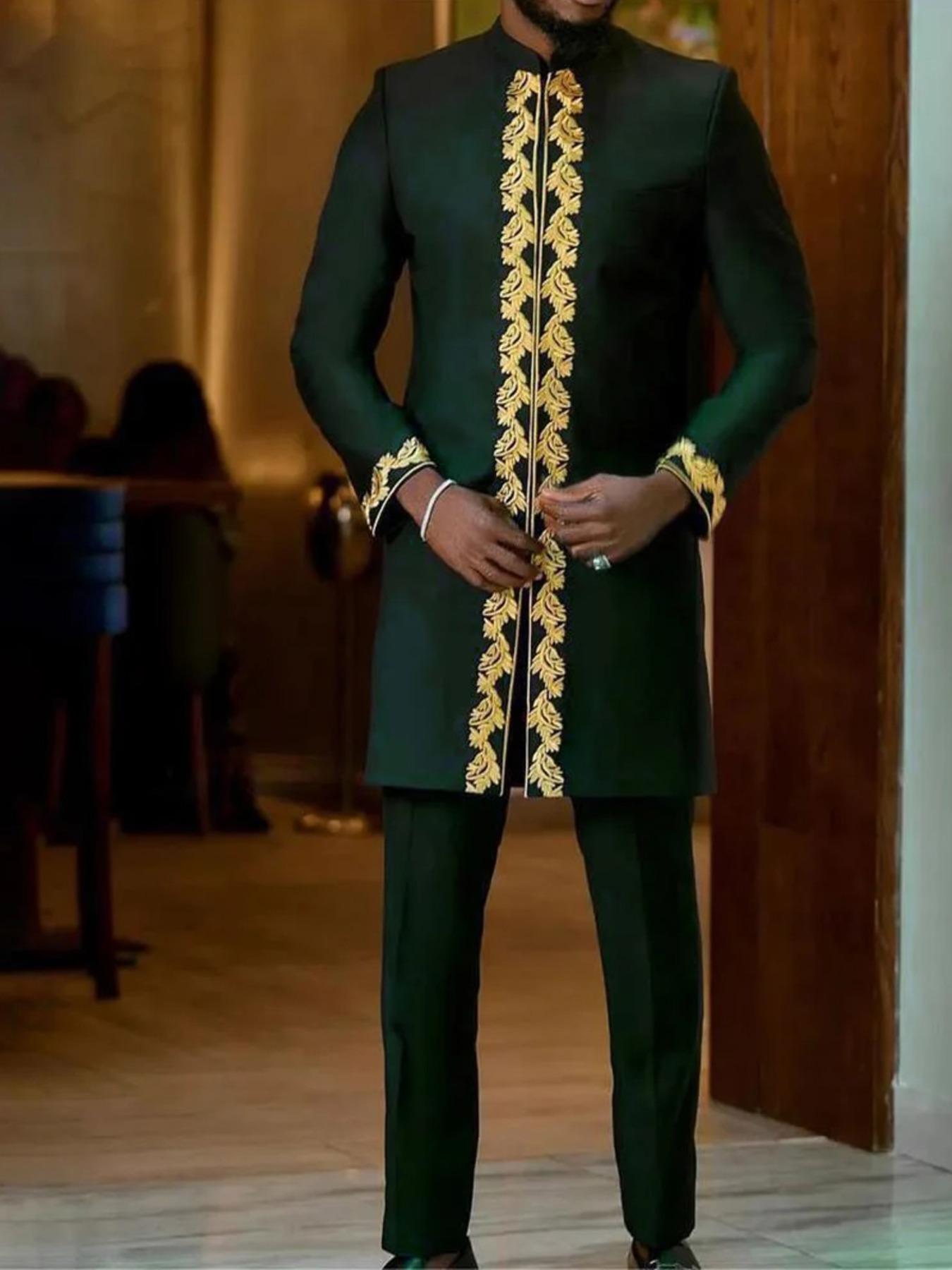 Men's Ethnic Pattern Embroidery Long Sleeve Top & Pants Two-piece Set, Regular Fit Traditional Top & Trousers for Party Holiday Vacation, Fashion Men's Two-piece Outfits for All Seasons, Kurta Suit