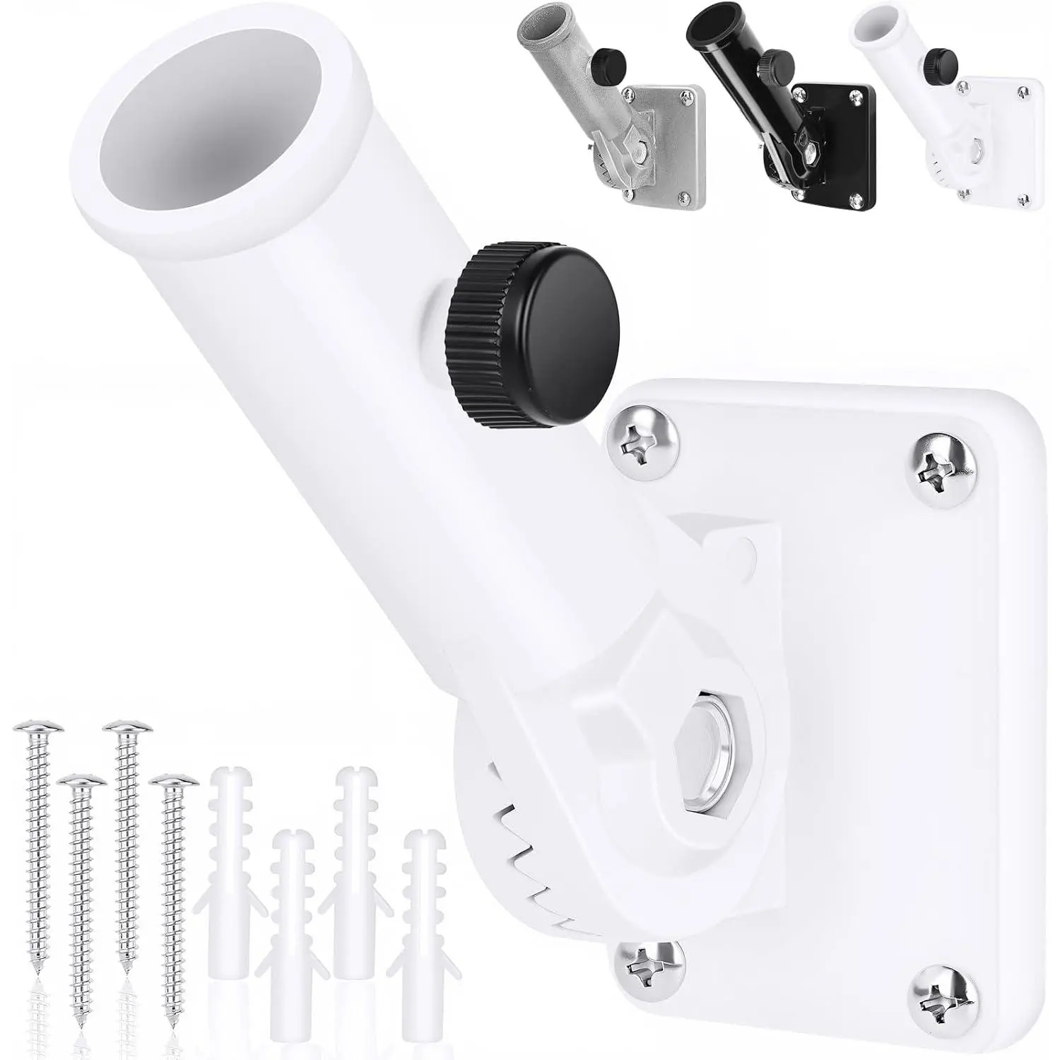 Flag Pole Holder, Outside House Flag Pole Bracket, Heavy Duty Metal Flag Mount,  Alloy Mounting Brackets, Outdoor Adjustable Flag Holder-  Rust Free, Multi-Position 1 inch White