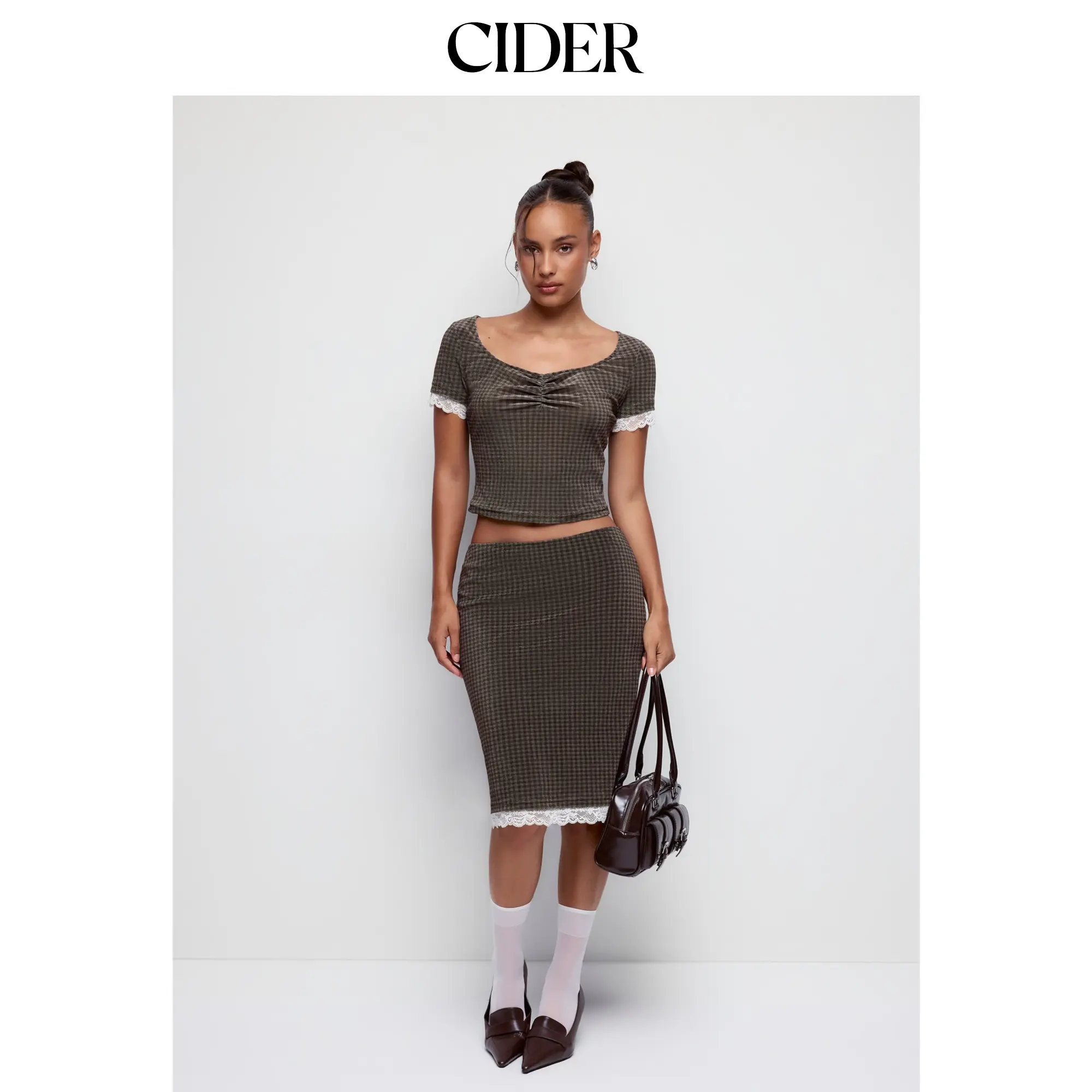 Cider Velvet Gingham Ruched Lace Panel Top & Mid Rise Bodycon Midi Skirt Set