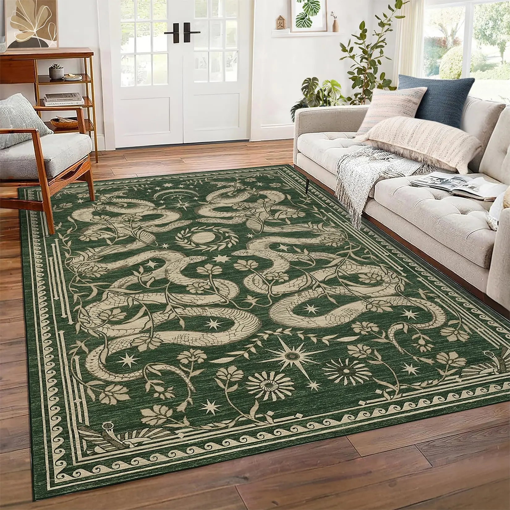 Garvee Snake Washable Rugs 5x7 Area Rug for Living Room Forest Soft Low-Pile Stain Resistant Thin Carpet for Bedroom Dining Nursery Non Slip Mat with Rubber Back Green