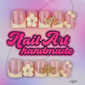 Square Short Y2K Press-On Nails – Full Set of 10 Fingers. Minimalist style, purely handmade wearable nails. Available in 4 sizes (XS, S, M, L). Features a combination of hand-carved floral details, pink French tips, and elegant gold line hand-painted flow