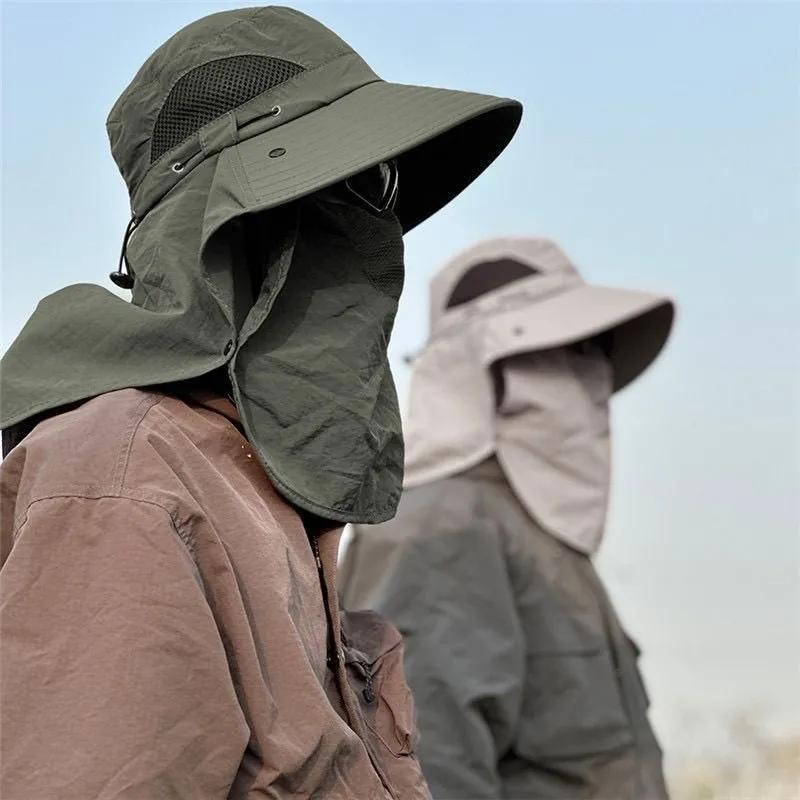 Bucket hat summer sun protection sun hat men's outdoor mountaineering hat fishing face cover neck protection integrated hat big brim sun hat