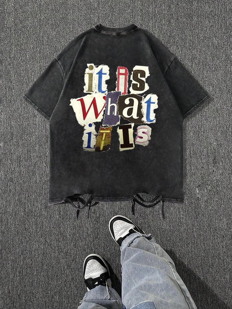 Men's Cartoon Letter Print Short Sleeve Tee, Regular Fit Casual Street Soft Comfy Round Neck T-Shirt for Summer, Menswear for Daily Wear, Top