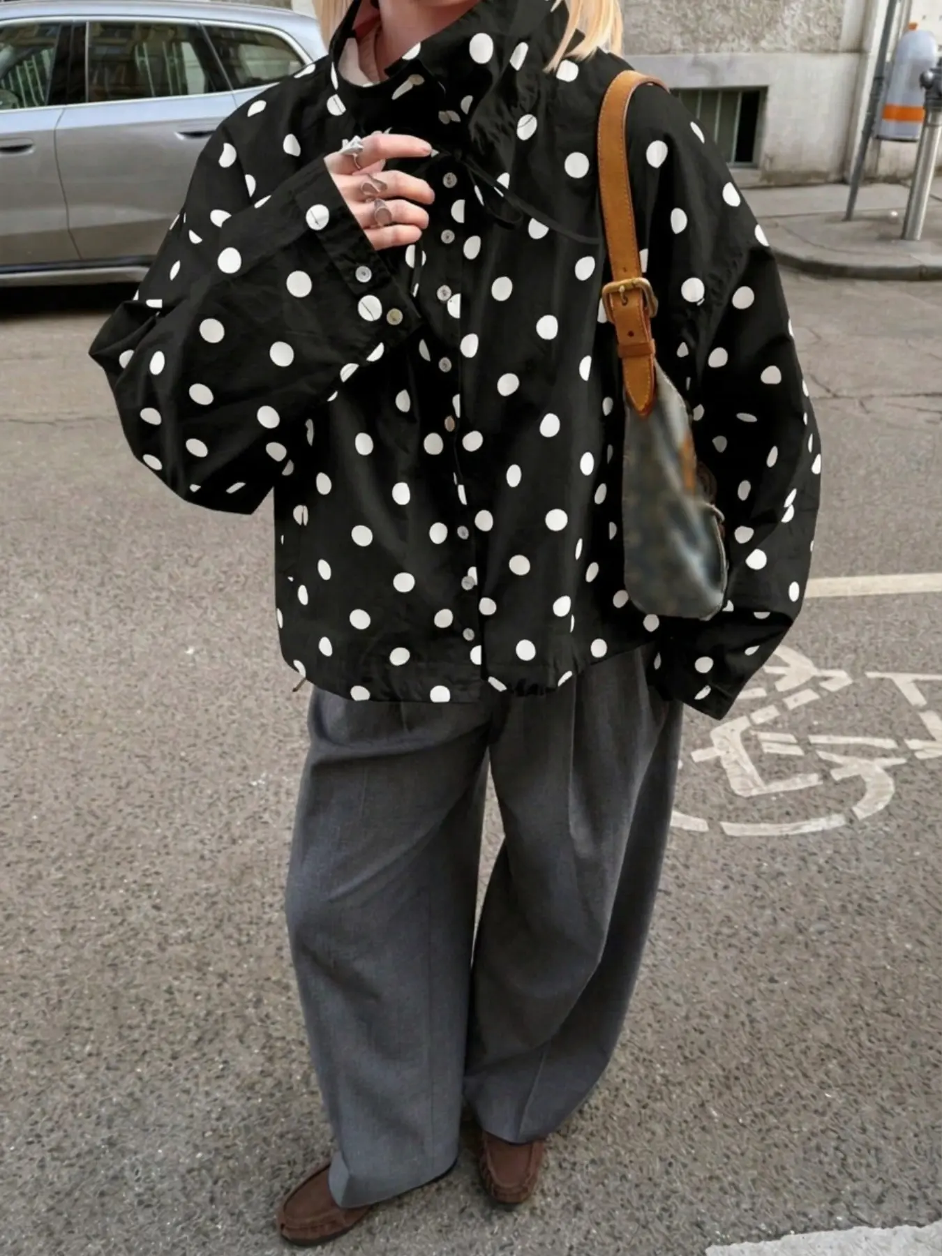 Women's Fall Winter French Retro Polka Dot Stand Collar Button Drawstring Jacket, Loose Fit Windproof Long Sleeve Casual Coat, Casual Chic Outerwear