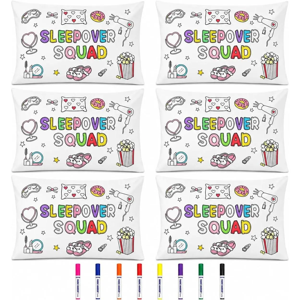 6 Pack Sleepover Squad Pillowcase Coloring Set with 8 Markers, DIY Pajama Party Activity, Girls Birthday Slumber Party Supplies