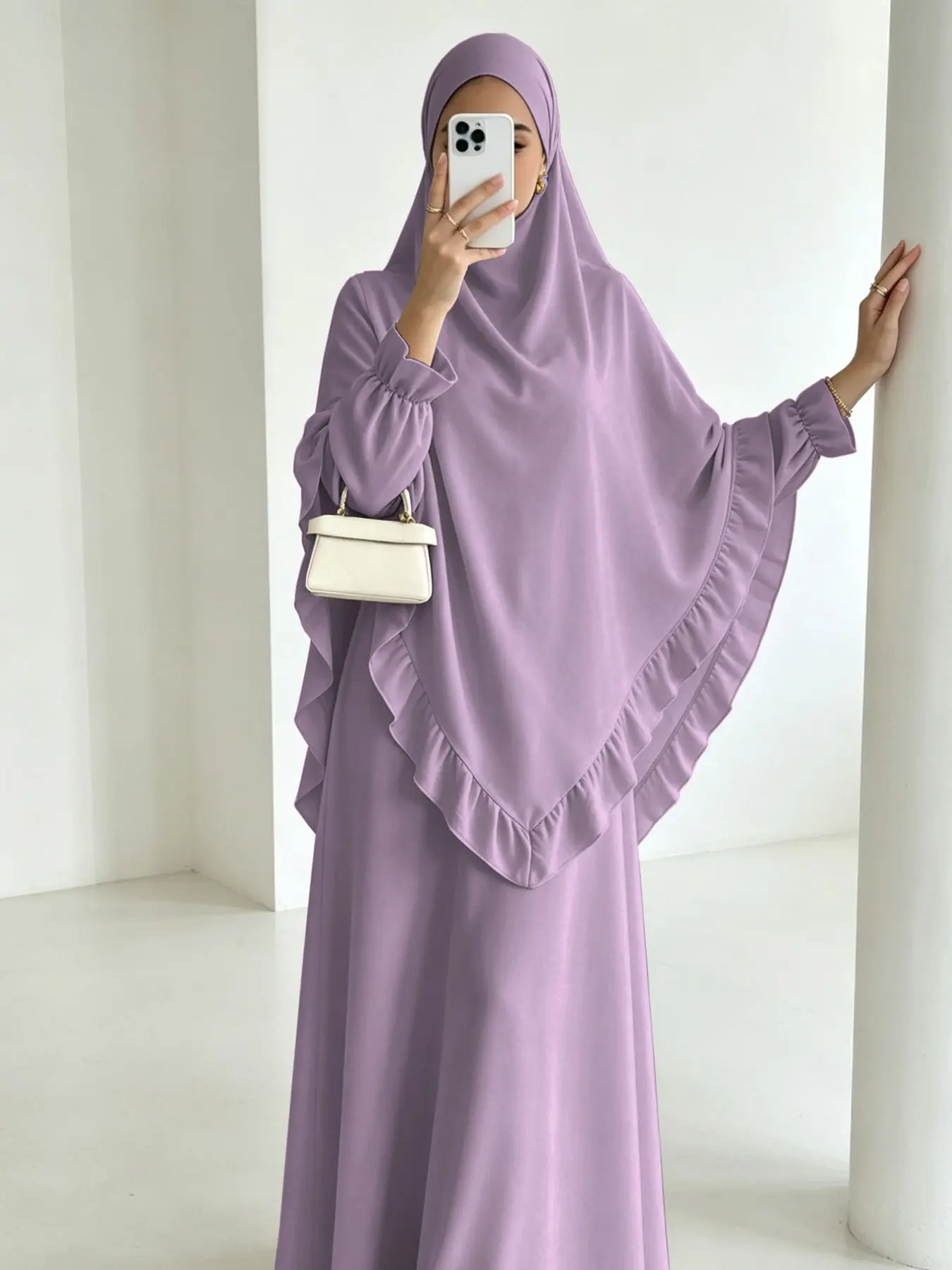 Two-Piece Simple Abaya Set with Matching Headscarf, Wide Sleeve Loose Fit Long Dress, Soft Fabric Islamic Prayer Garment for Muslim Women