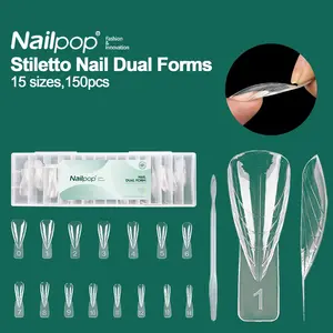 Stiletto Nail Dual Forms Clear Reusable for Polygel Nail Extension 15 Sizes 150Pcs