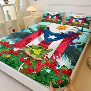 Puerto Rico Patriotic Flag Coqui Frog Fitted Sheet Set, 1 Fitted Sheet + 2 Pillowcases - 3 Piece, Soft Microfiber Deep Pocket Design All Season, National Cultural Bedroom Decoration, Gift for Puerto Rico Culture Enthusiasts