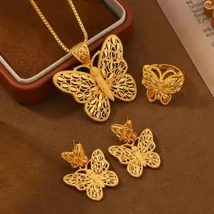 24K Gold Plated Butterfly 4Pcs Jewelry Set, Elegant Copper Accessories, Necklace Earrings Ring for Women, Ideal for Wedding, Party & Valentine's Day Gifts