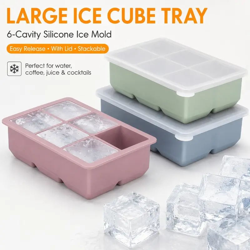3pcs Large Ice Cube Tray with Lid, 6-Cavity Silicone Ice Mold, Easy Release Stackable Ice Cube Trays for Freezer for Whiskey, Cocktails, Coffee, Juice, Drinks and Kitchen Use