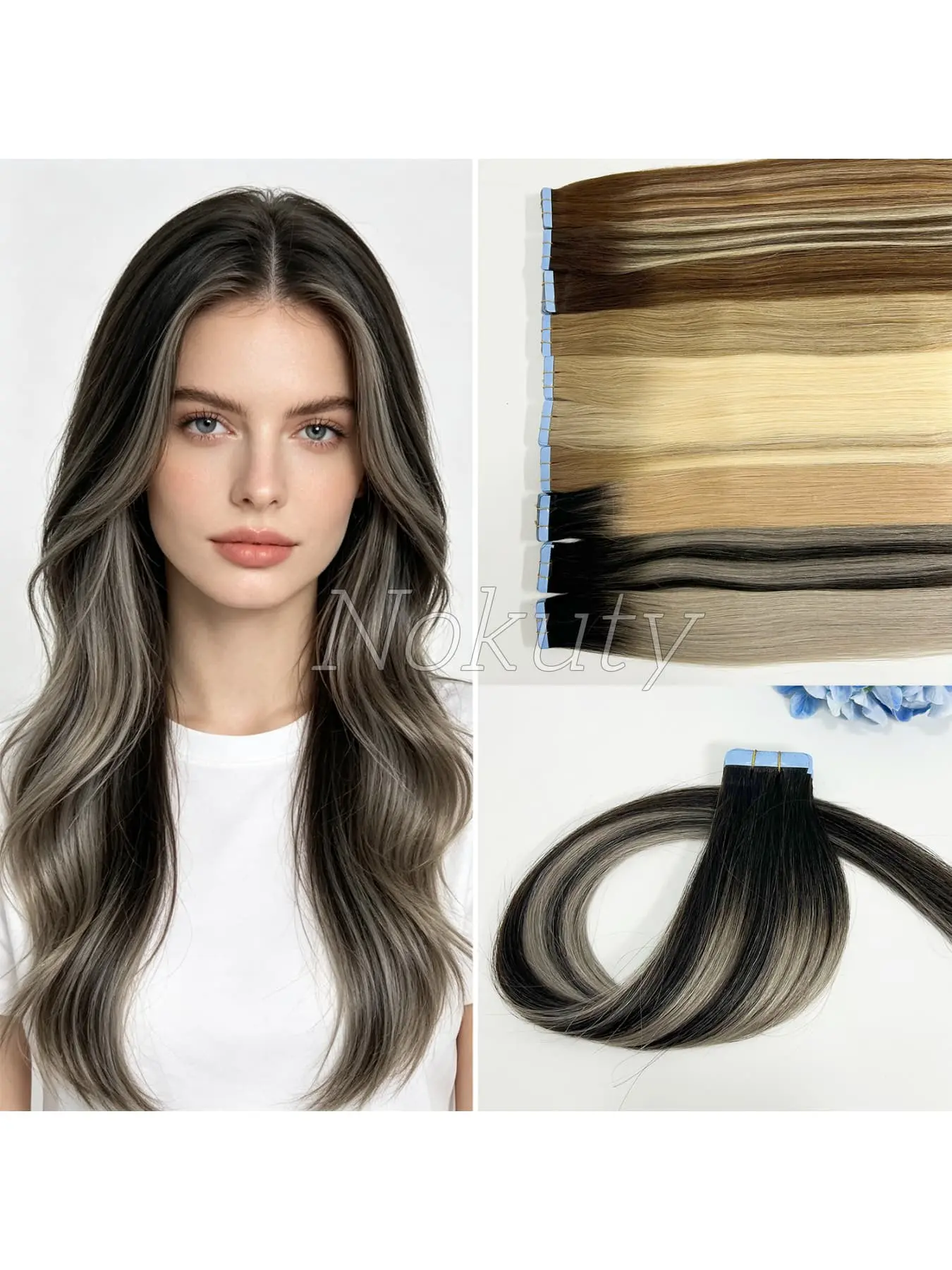 16/20inch T-Color Tape in Hair Extensions, Real Human Hair, Double Side Tape In, Adds Volume, 20pcs, 30g, for Women with Thin Hair, Hairpieces