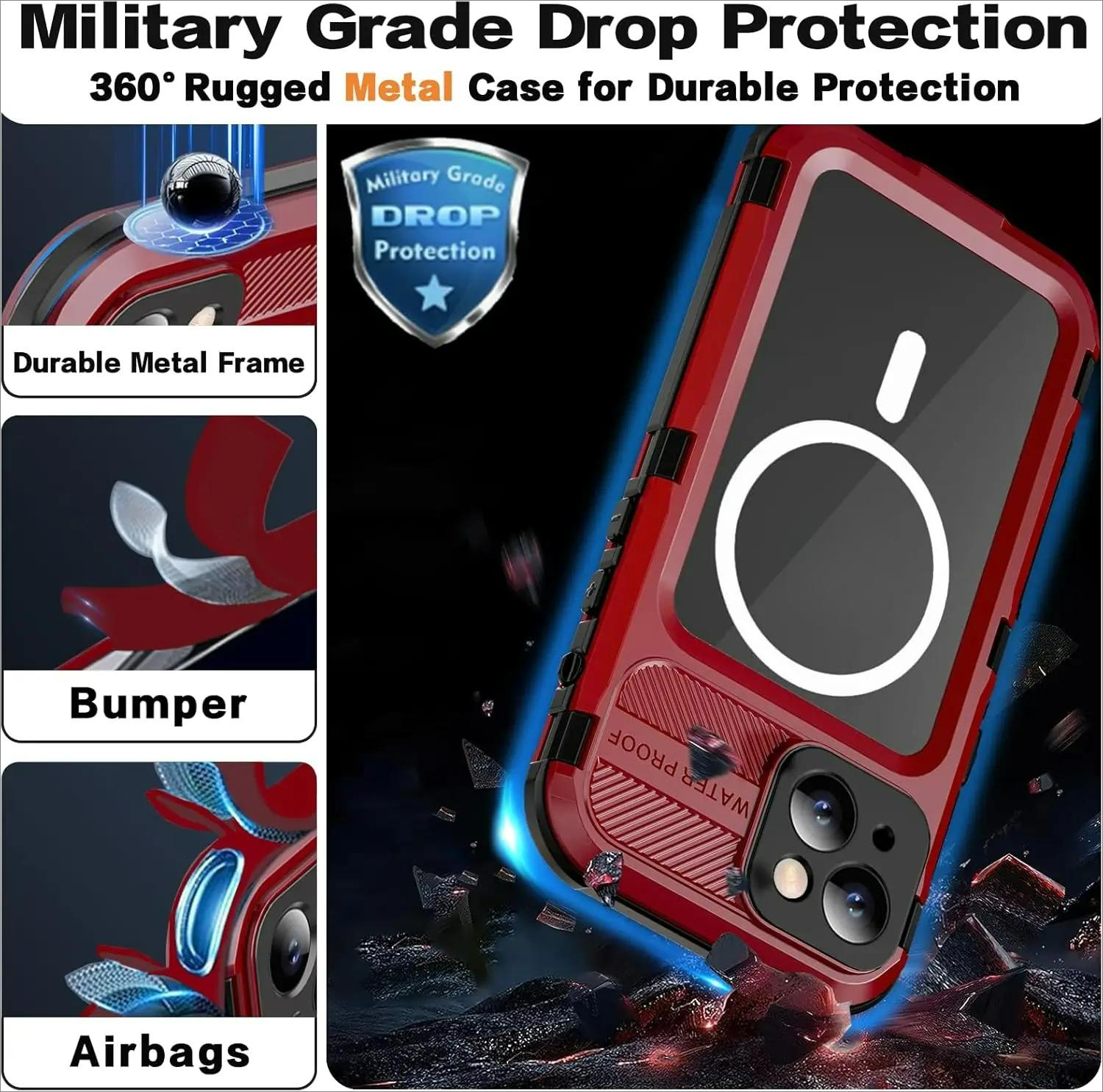 Case For iPhone 14 15 16 Pro Max 16 Plus IP68 Underwater Waterproof Metal Cover with Heavy Duty Shell Screen Protector