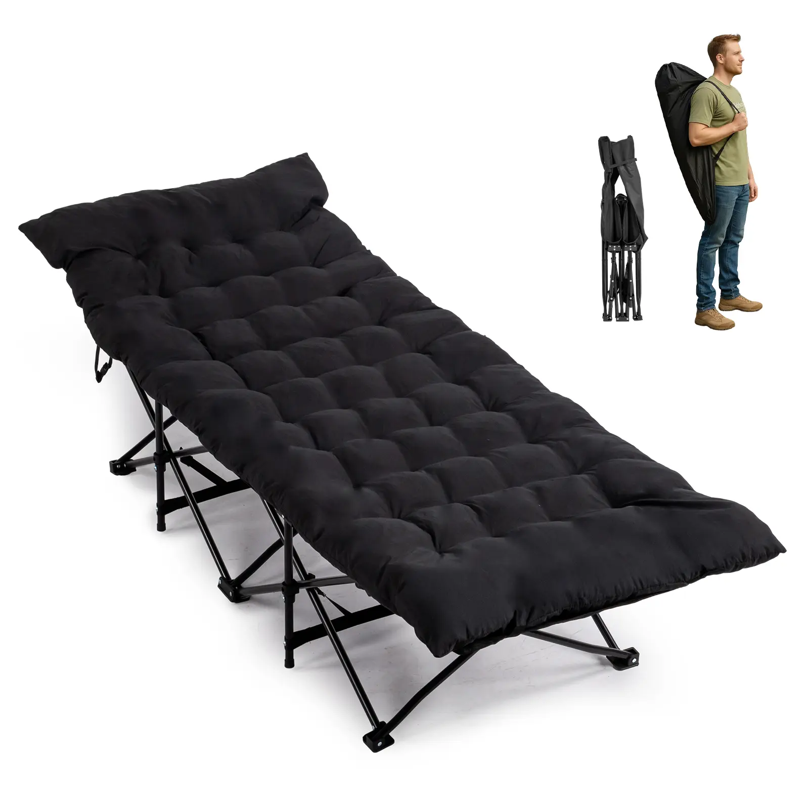 Foldable Camping Cot - 190x71x36cm Heavy Duty Oxford Steel Frame Cot, Removable Cotton Pad, Elevated Head, Portable Outdoor Sleep Bed for Adults (Travel, Office Naps), Collapsible, Foldable Cot