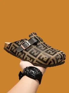 Men Retro Interlocking Monogram Print Closed Toe Mule Clogs, Brown Canvas Adjustable Metal Buckle Slip On Slippers, Soft Cork Footbed Non-Slip Flat Slides, Casual Daily Outdoor Street Fashion Comfort Walking Shoes
