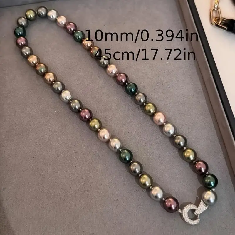 Female 1pc 10mm Iridescent Mixed Artificial Pearl-Bead Necklace, Vintage Sexy Style, Luxurious, Casual Daily Wear & Gift Accessory for All Seasons, Mixed Color, Luxurious Look