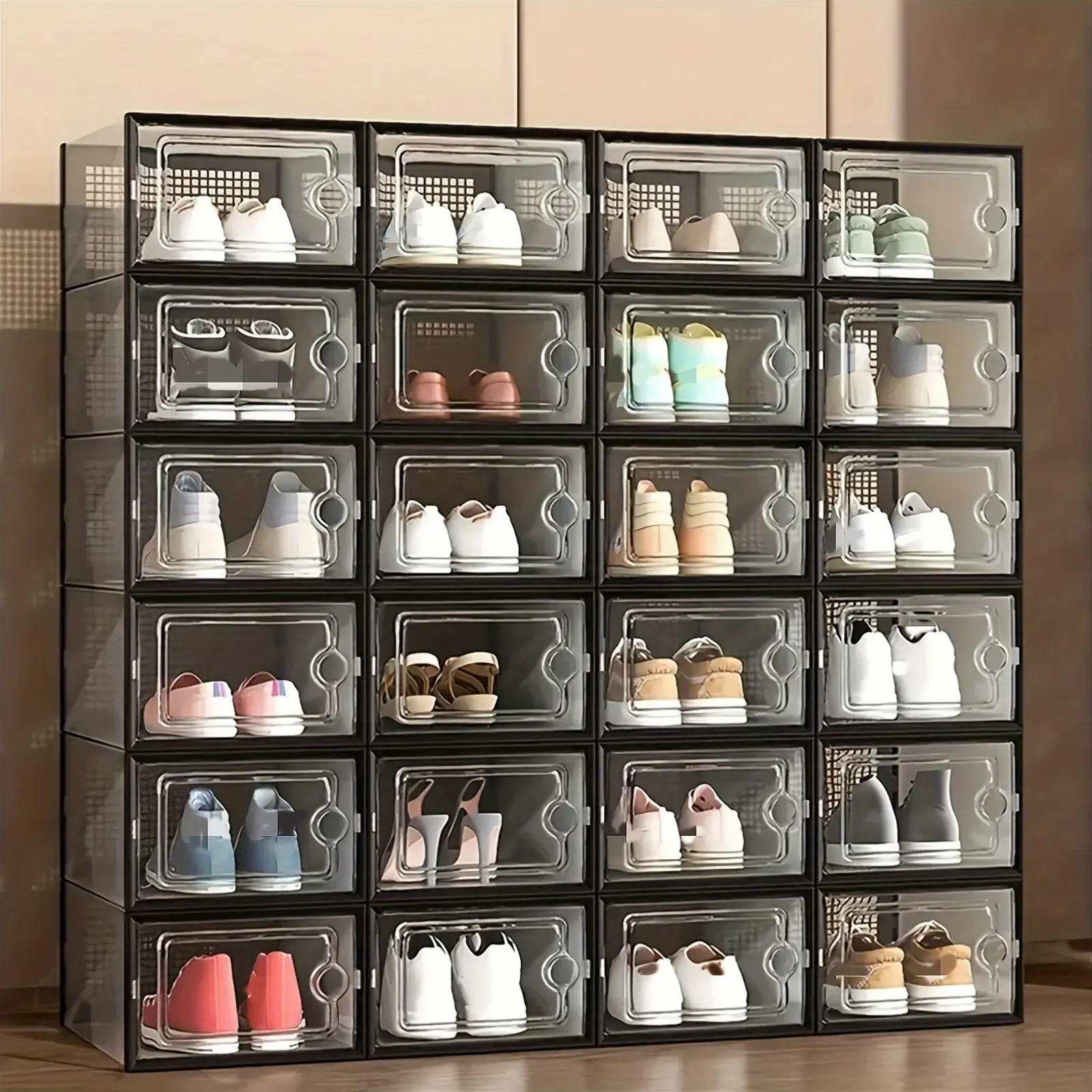 6/12/24 Pcs Transparent Clear Shoe Boxes with Lids, Foldable and Stackable Shoe Rack, Space-Saving Storage Organizer Box, Clear Plastic Organizers - Combinable, Plastic Storage Box - Fits All Shoe Types - Perfect for Entryways, Bedrooms, Dormitories