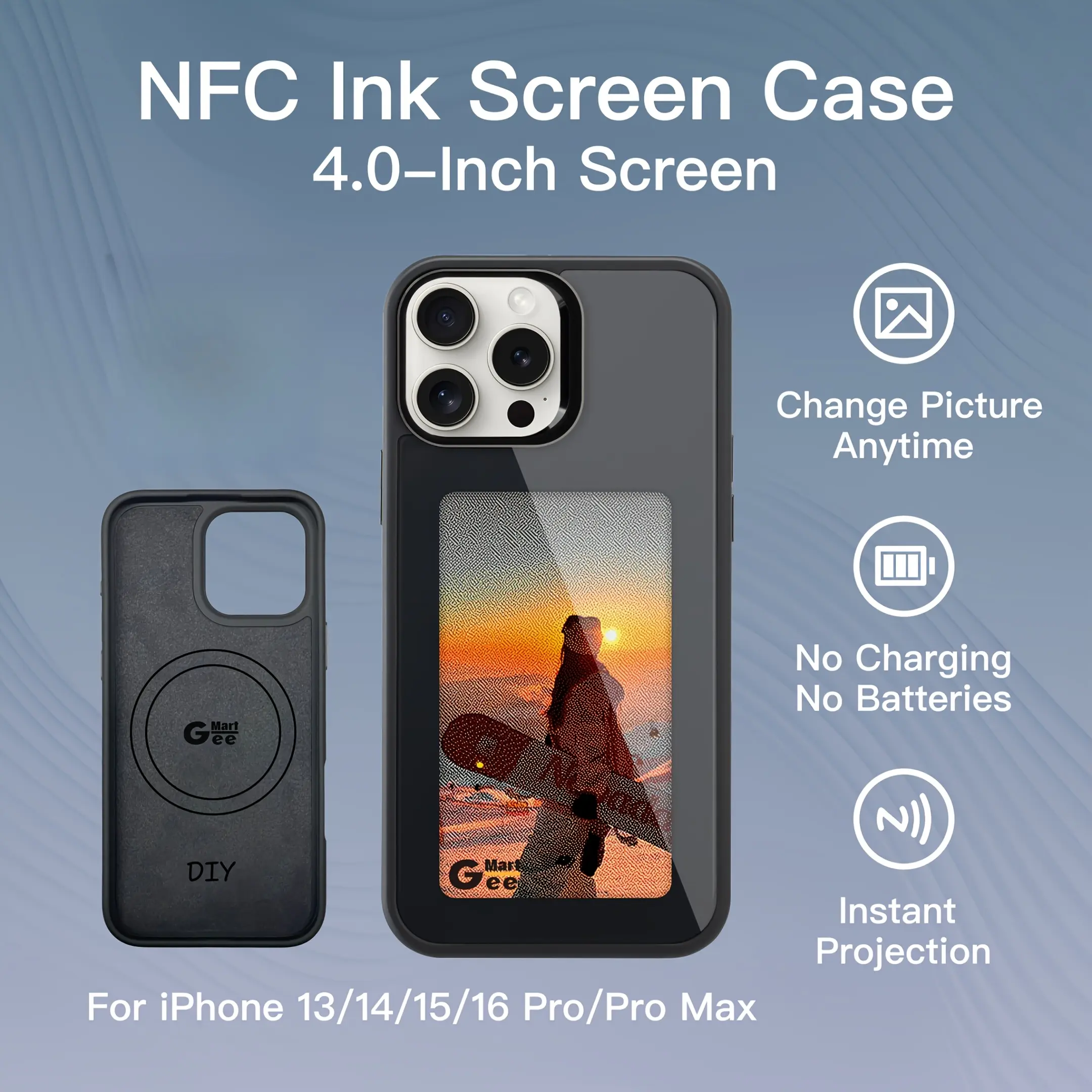 Phone Case: High-definition Flagship NFC Magnetic E-ink Phone Case with 4.0-inch Screen, Compatible with All iPhone 13/14/15/16/17 Series Including Pro/Pro Max. Features Wireless Charging, Drop-resistant Metal Frame, Image/calendar Display.