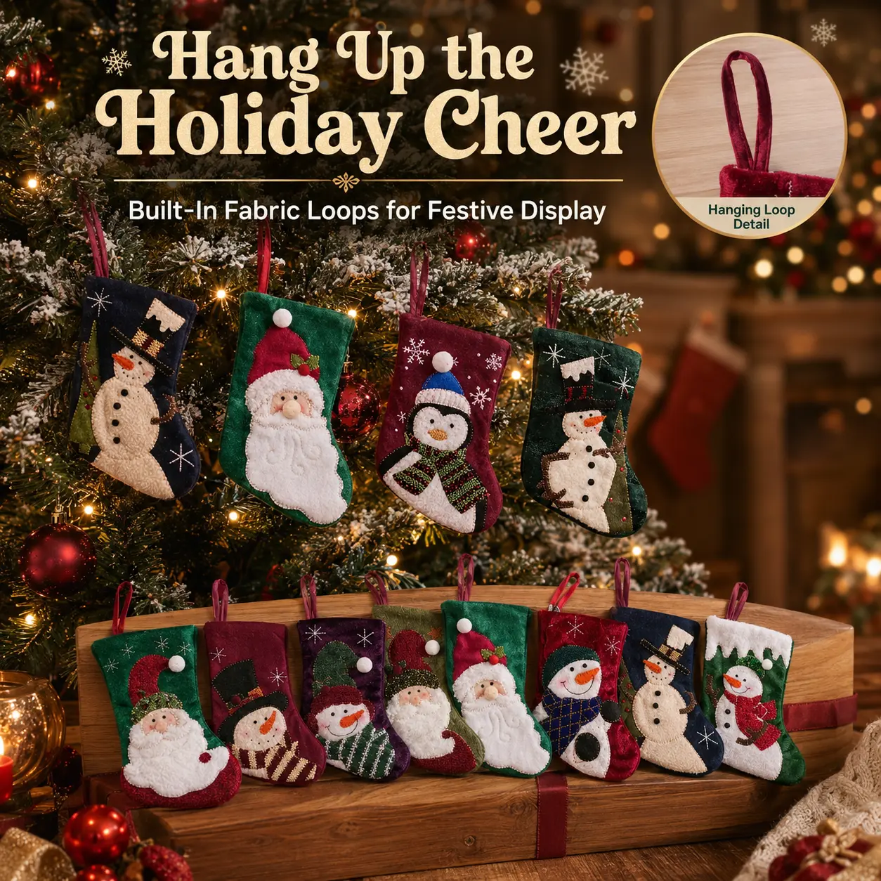7 In Classic Mini Christmas Stockings, 12 Assorted Styles (Santa, Snowman, Penguin) - Small Hanging Gift Candy Socks for Fireplace Decor, Party Decoration