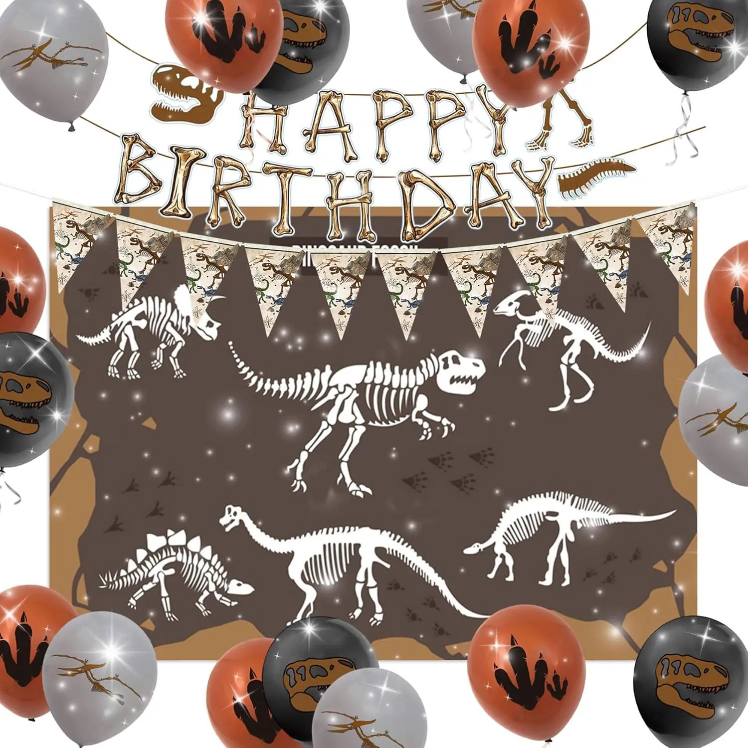 Dinosaur Fossil Birthday Party Decorations Backdrop Banner Garland Balloons | Dinosaur Fossil Birthday Banner Garland Balloons Flags for Birthday Party Supplies Favors